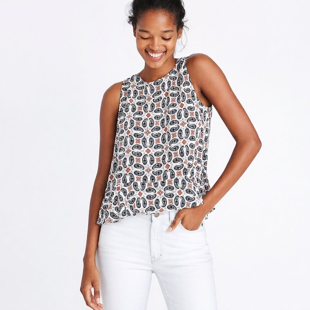 Madewell 100% Silk Bandana Peplum Paisley Print Sleeveless Top Blouse Size XXS